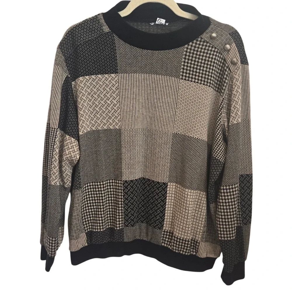 Vintage Women's Patchwork Sweater Black Tan Electic Grandpa Academia Cozy M/L - Picture 1 of 4